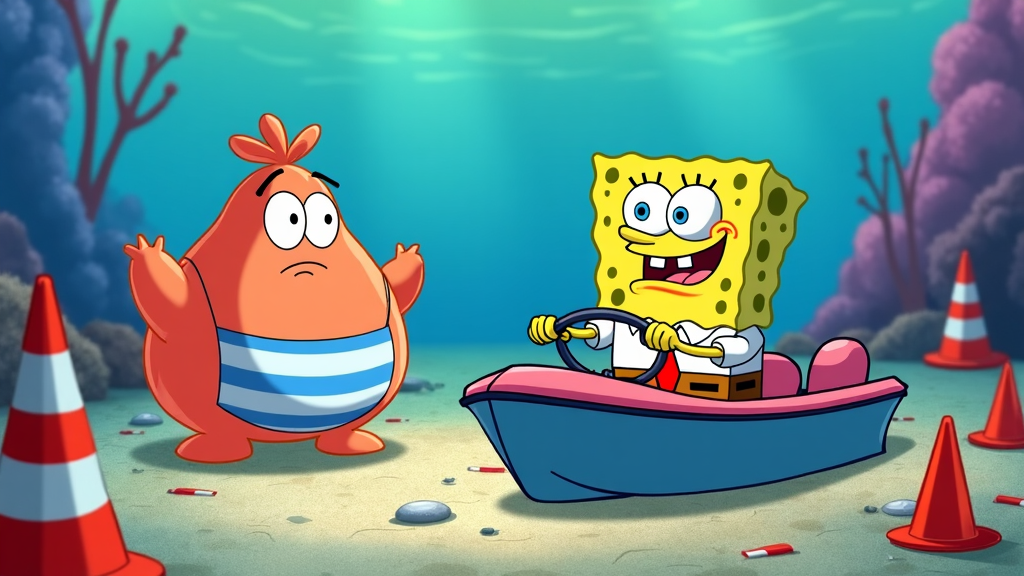 Mrs. Puff looking worried as SpongeBob attempts a driving lesson at Mrs. Puff's Boating School, with traffic cones scattered.