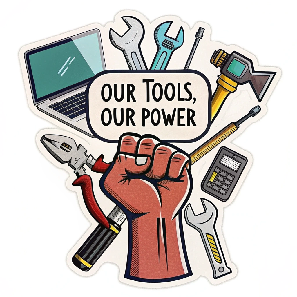 A design where diverse tools of various trades (e.g., wrench, paintbrush, laptop, stethoscope) emerge from a unified, strong fist, with the text 'Our Tools, Our Power.'