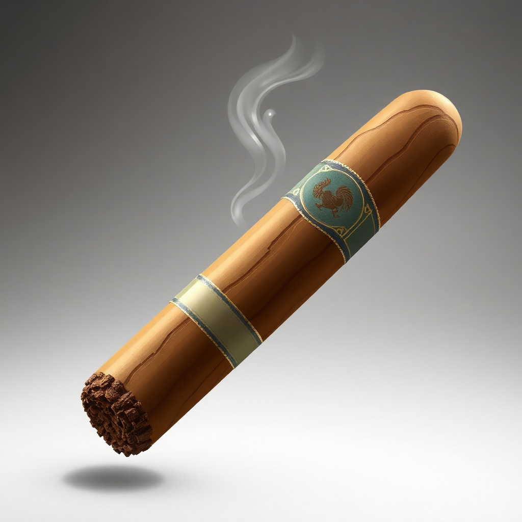 The image is a 3D rendering of a cigar. The cigar is in the center of the image, with a light brown color and a smooth texture. It is lying on its side, with the top half of the cigar facing towards the right side of the frame. The top half is slightly curved and has a small indentation in the middle. On the cigar, there is a green label with a gold border and a gold emblem of a rooster. The label also has a white smoke trail coming out of it, indicating that the cigar is smoking. The background is a plain grey color.