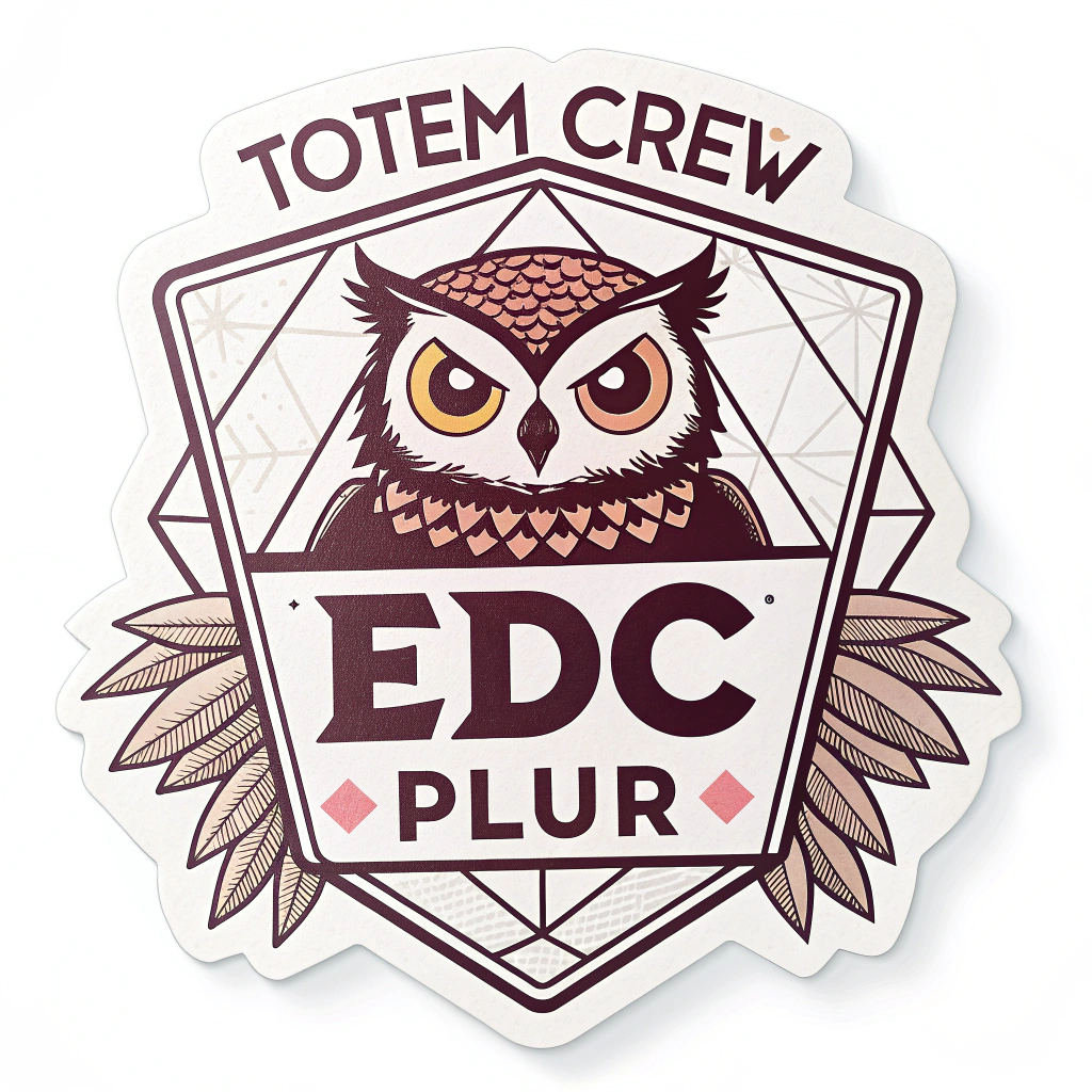 Simple Logo Idea for Totem Crew: A totem emblem sticker featuring a stylized geometric representation of an owl's face (EDC mascot), with 'EDC' or a short crew name/acronym like 'PLUR' incorporated using negative space within the owl's feathers or eyes. Designed for bold group identification.