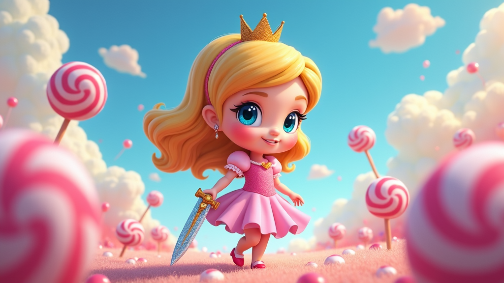 A chibi princess with oversized, sparkling eyes and a small crown, embarking on a journey through a candy-colored landscape. She could be holding a tiny sword or a magical wand, indicating adventure.