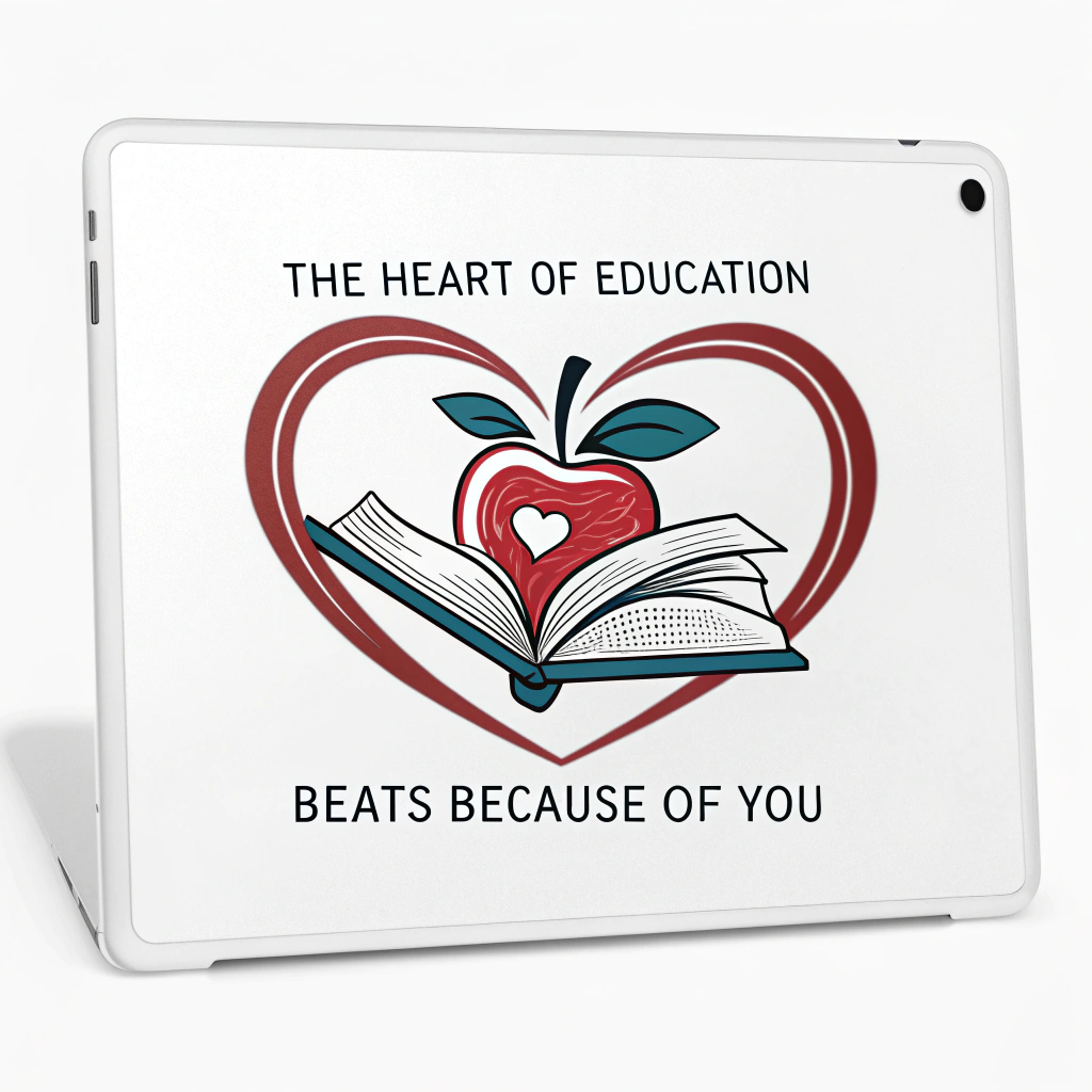 A compact logo design where a heart shape is creatively merged with an iconic education symbol (like an apple silhouette or an open book outline). The phrase 'The Heart of Education Beats Because of You' could act as a tagline or be subtly integrated.