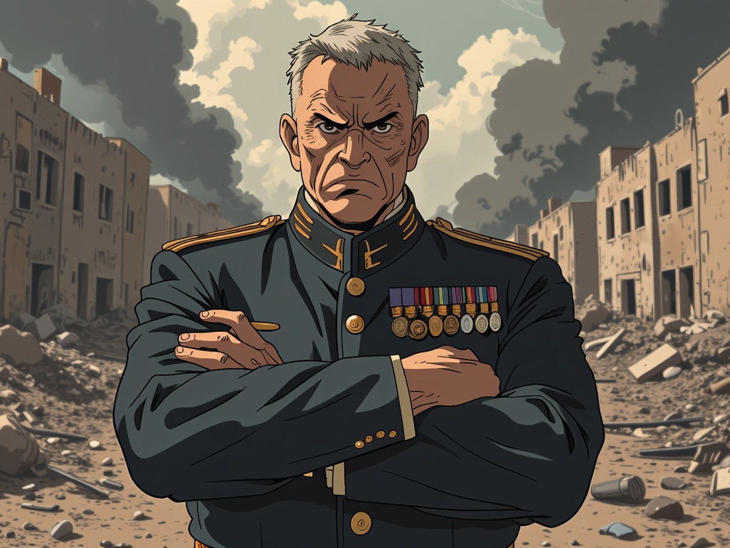 The image is an illustration of a man in a military uniform standing in the middle of a destroyed city. The man appears to be in his late 40s or early 50s, with short grey hair and a serious expression on his face. He is wearing a dark blue military uniform with gold buttons and medals pinned to his chest. His arms are crossed in front of him and he is standing with his arms crossed. The background shows a cityscape with buildings that have been destroyed and debris scattered around. The sky is cloudy and there is a hint of smoke in the air. The overall mood of the image is tense and somber.