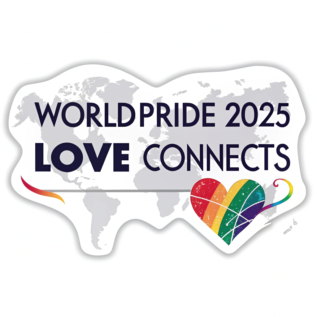 Simple Logo Idea: A text-based logo for 'WorldPride 2025' with 'Love Connects' as a strong tagline. One of the 'o' letters in 'Love' or 'World' is creatively replaced by a stylized heart, perhaps incorporating rainbow colors or subtle map line textures within the heart shape.