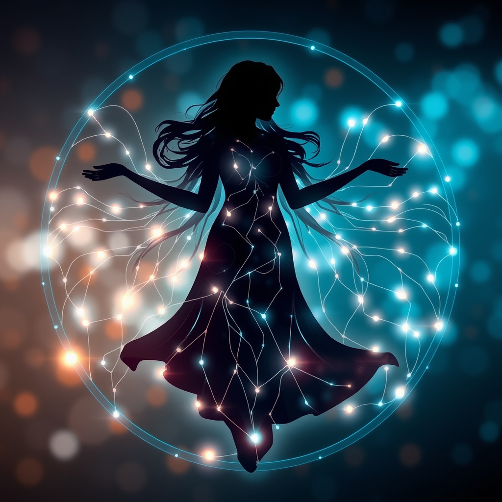 An ethereal silhouette, representing the 'Digital Muse', intertwined with glowing neural network lines (AI), with distinct pixelated 'tool marks' to signify digital craftsmanship.