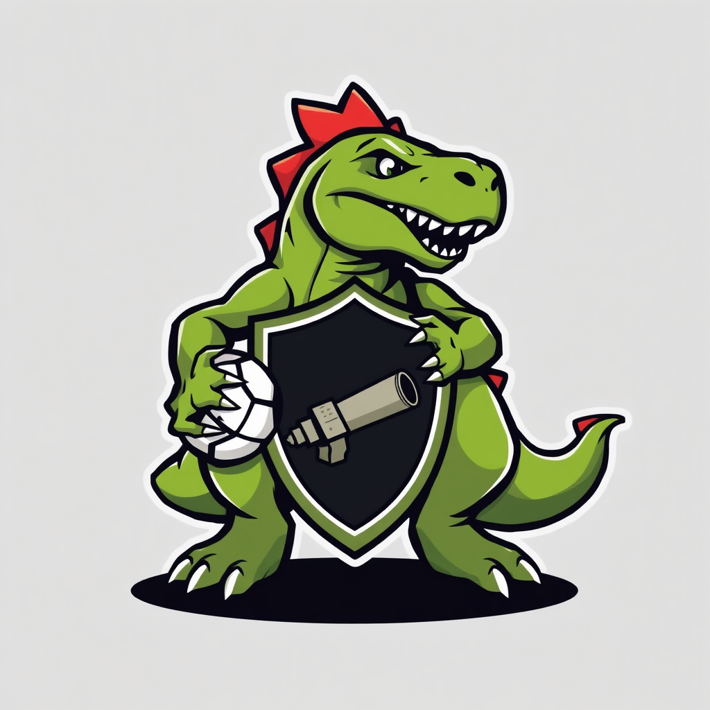 Sub-Design Idea 3: Goonersaurus as a dynamic, full-bodied mascot wrapping around a central shield that features a simplified cannon. The mascot could be holding a football or displaying the club's motto.
