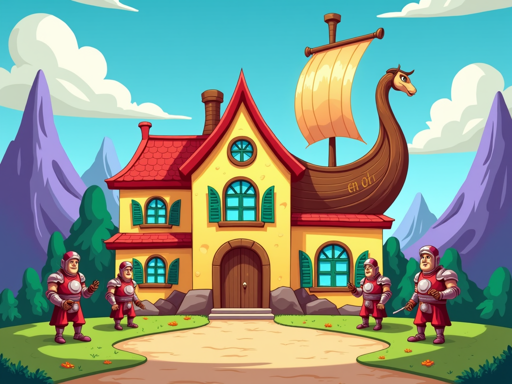 A school building with a longship as the roof, surrounded by cartoonish mountains and training dummies.