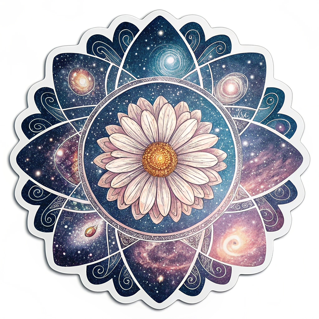 Cosmic Stardust Mandala: The daisy mandala appears as if crafted from nebulae or stardust, glowing with soft, ethereal light against a deep space backdrop.