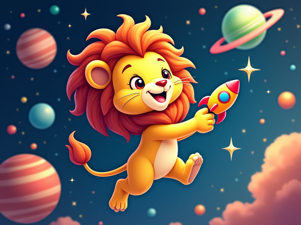 A lion floating in space with a friendly smile, surrounded by planets and stars, perhaps holding a small, toy rocket.