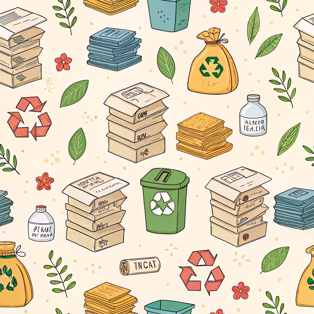 Reclaimed Rhythms: Patterns derived from the inherent arrangements found in collected and sorted recyclables (e.g., stacked papers, bundled plastics), emphasizing repetition and variation generated by the recycling process itself.