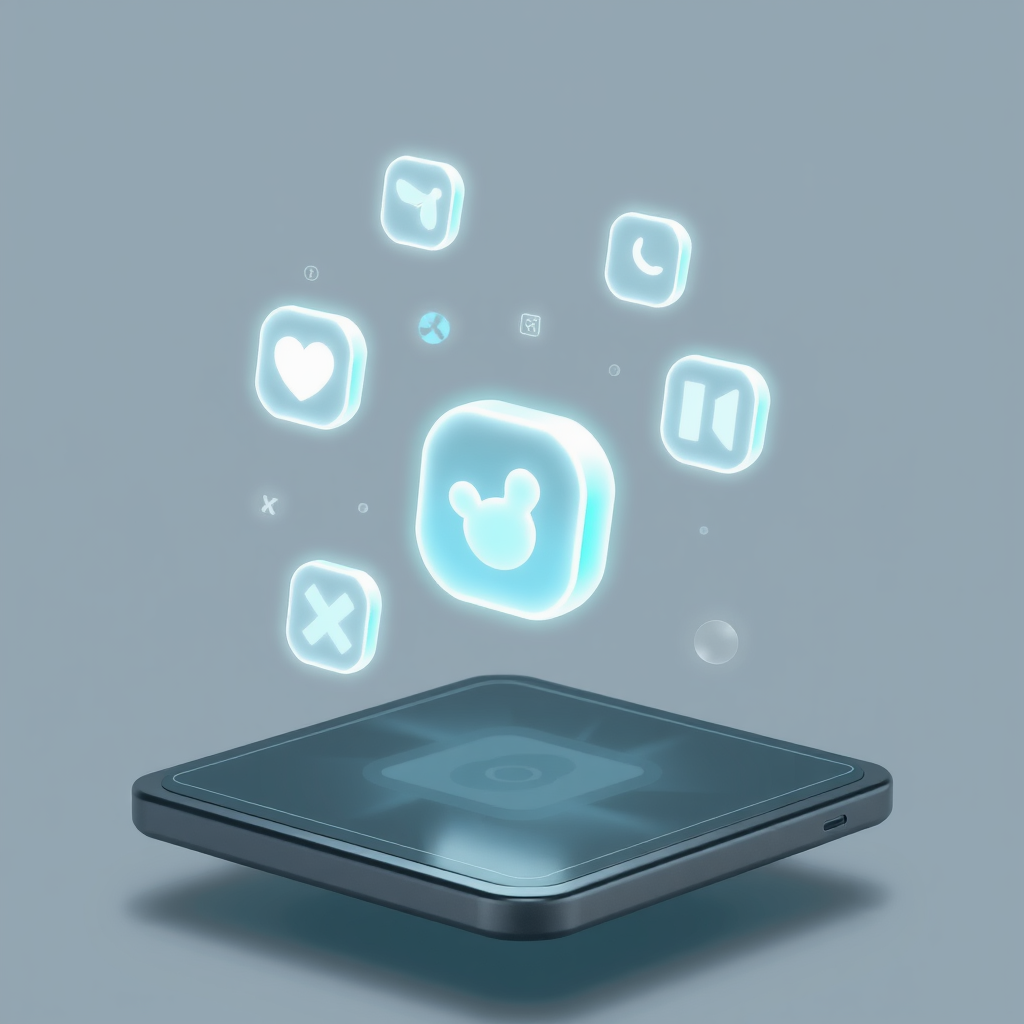 Sub-design Idea 1: Floating & Interactive Holograms - Icons appear to float in 3D AR space, with subtle glows and scan lines. User gestures or taps trigger animations like light ripples or expansions showing notifications.