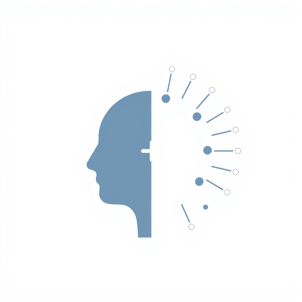 Simple Icon Idea: A minimalist icon featuring a split circle or a stylized head silhouette. One half is solid/organic (human), the other half is composed of interconnected dots/lines (AI). A small '+' symbol or a radiating light effect is placed at their vertical junction.