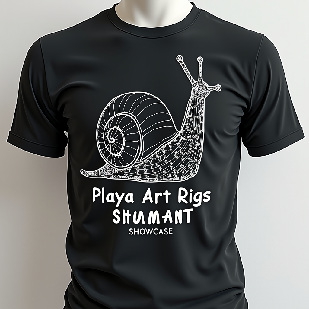 Simple Logo Concept for the theme: A minimalist outline of an iconic art car (e.g., a snail car or mechanical octopus) with text like 'Playa Art Rigs' or 'Mutant Showcase' integrated cleanly. Usable for branding the showcase.