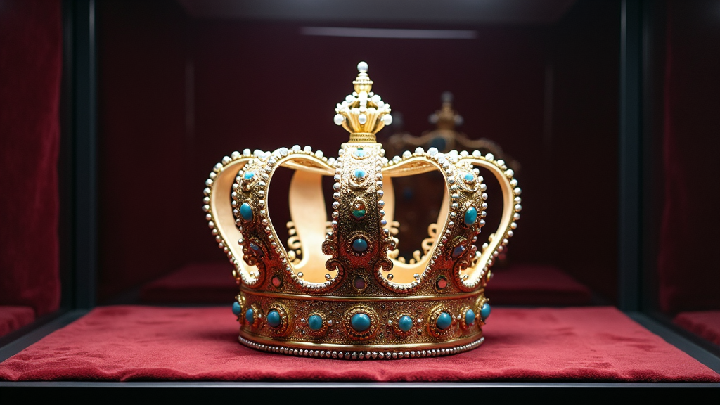 An ornately decorated crown rests in a display case, with its lustrous metal and stones gleaming under spotlights.