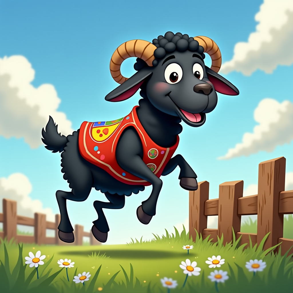 The image shows a cartoon black sheep jumping over a wooden fence in a field of grass and flowers, with a sky full of clouds in the background.