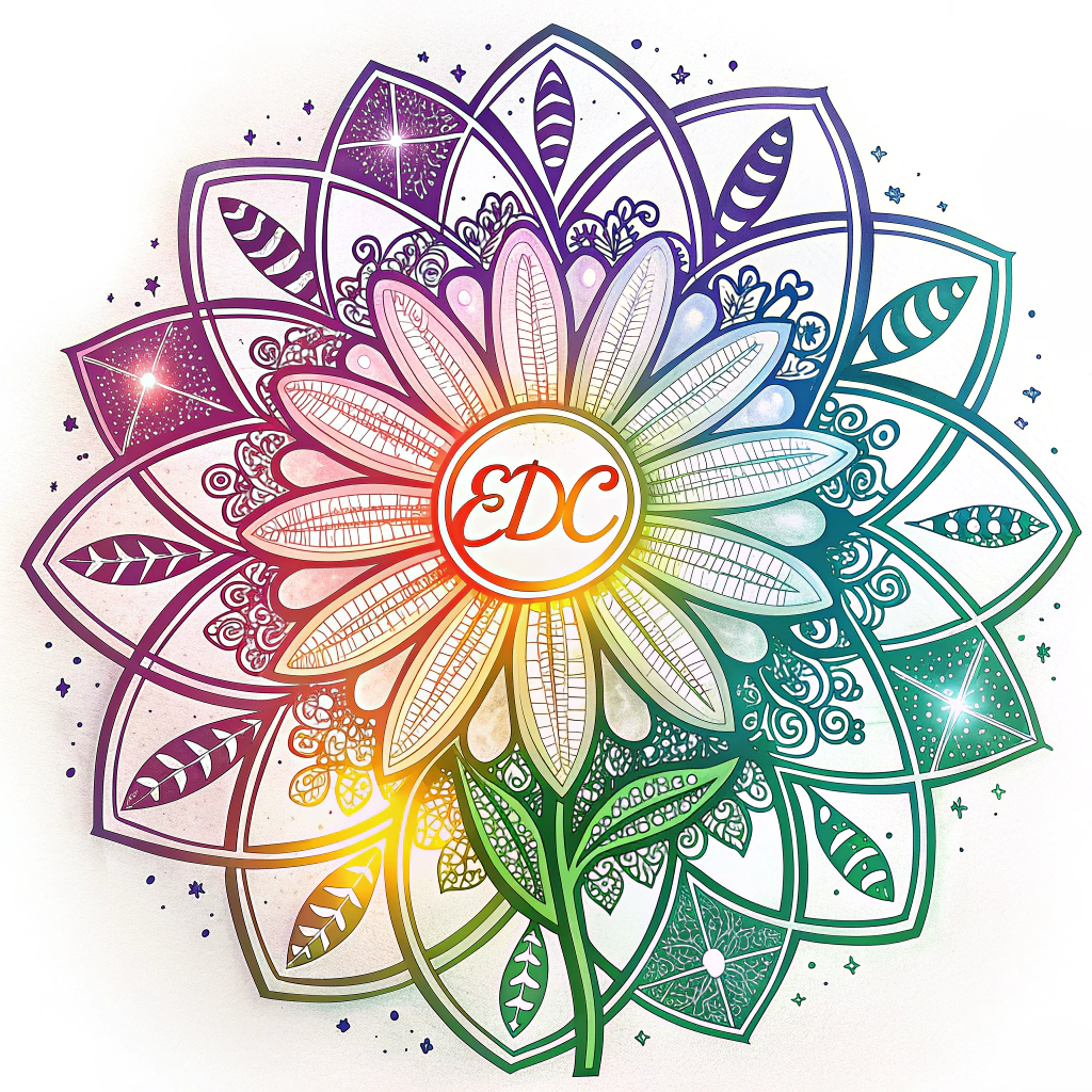 Glowing Daisy Mandala: A central daisy with neon tube-like petals in a spectrum of electric colors, surrounded by radiating geometric floral patterns, creating a vibrant, symmetrical design. EDC lettering can be integrated within the mandala.