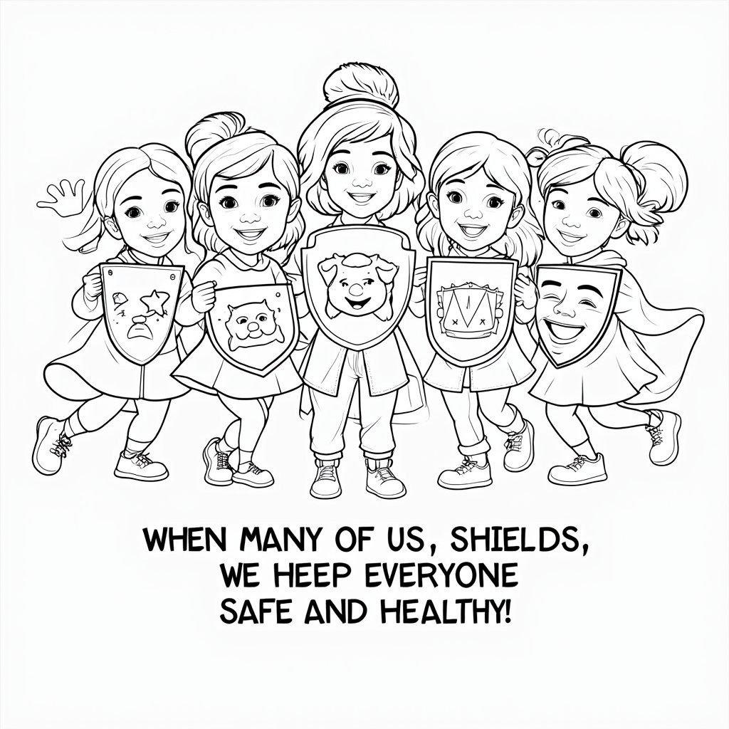 Coloring Page 5: 'Community of Shields: Protecting Everyone'. Illustrate a group of diverse children, each with their own decorated shield, playing together. Their shields could visually link or create a larger protective area, subtly showing how vaccination protects others too. Caption idea: 'When many of us have shields, we help keep everyone safe and healthy!'