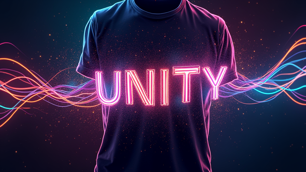 An abstract representation of festival energy with dynamic, flowing lines and light trails crisscrossing the T-shirt. These trails, printed in glow-in-the-dark ink, would form or contain the words 'PLUR' and 'UNITY' within their luminous paths.