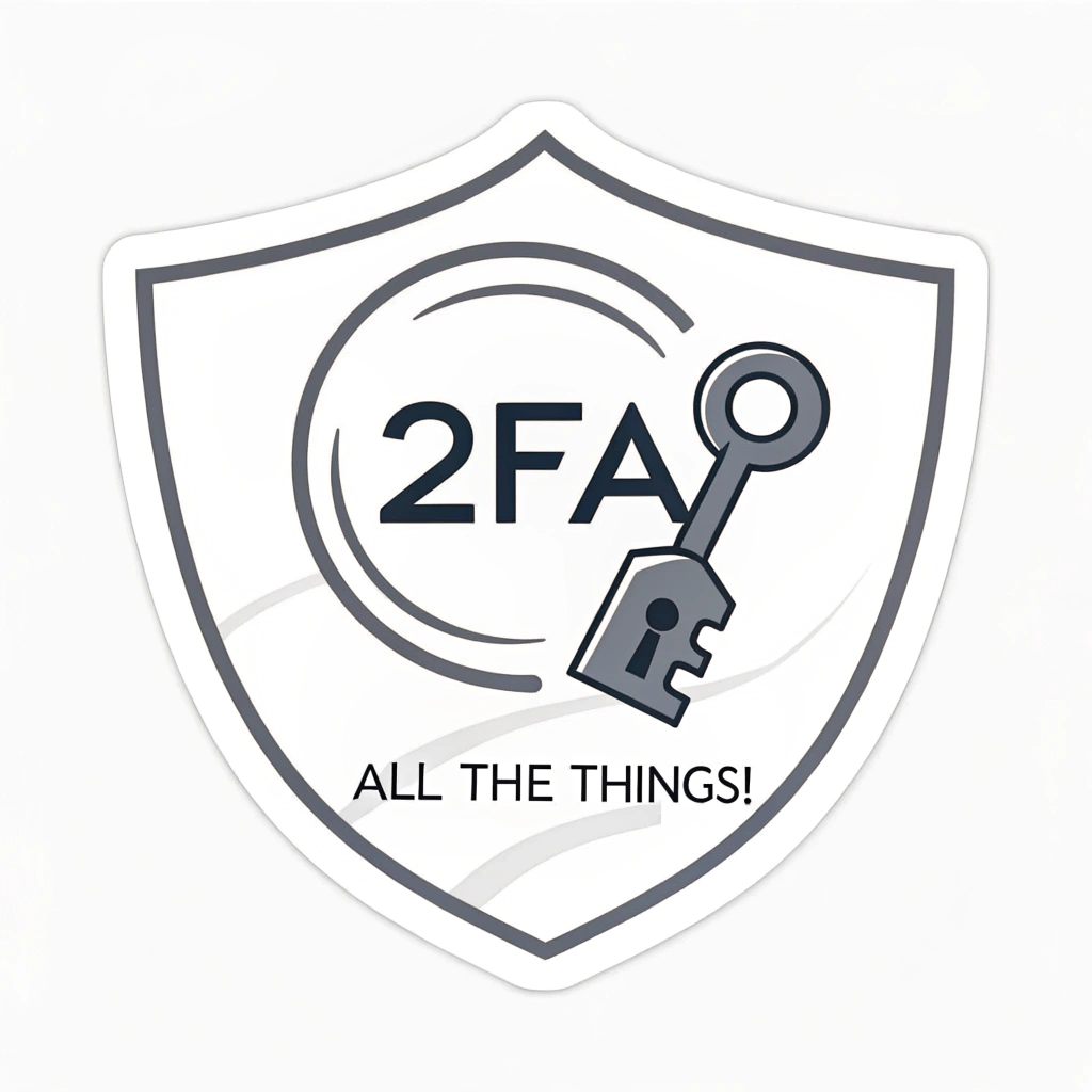 Simple Icon Idea: A minimalist shield containing a stylized '2FA' text inside. The '2' could subtly incorporate a key or lock shape, with 'All The Things!' as a small tagline below or incorporated around the shield.