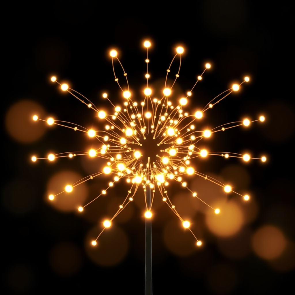 A blooming effect created from interconnected light particles or glowing nodes. The particles form a dense network at the 'stem' or base and expand outwards into a floral shape, suggesting growth and generation.