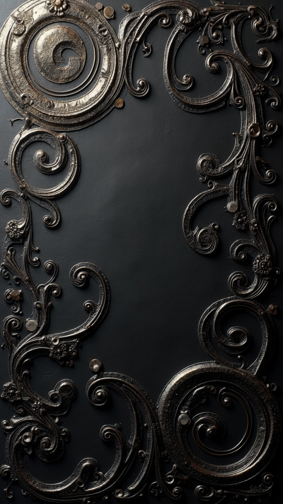 The image shows a black door with a decorative design on it, set against a black background. The design is intricate and detailed, with swirls and curves that create a unique and eye-catching look.