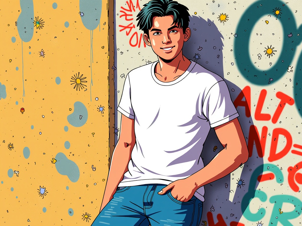 The image is an illustration of a young man standing in front of a wall covered in colorful graffiti. The man is wearing a white t-shirt and blue jeans. He has short, dark hair and is smiling at the camera. The wall behind him is covered in various splatters of paint in different colors, including blue, yellow, red, and green. The graffiti on the wall reads Salt and Pepper in bold, black letters. The overall style of the illustration is cartoon-like and playful.