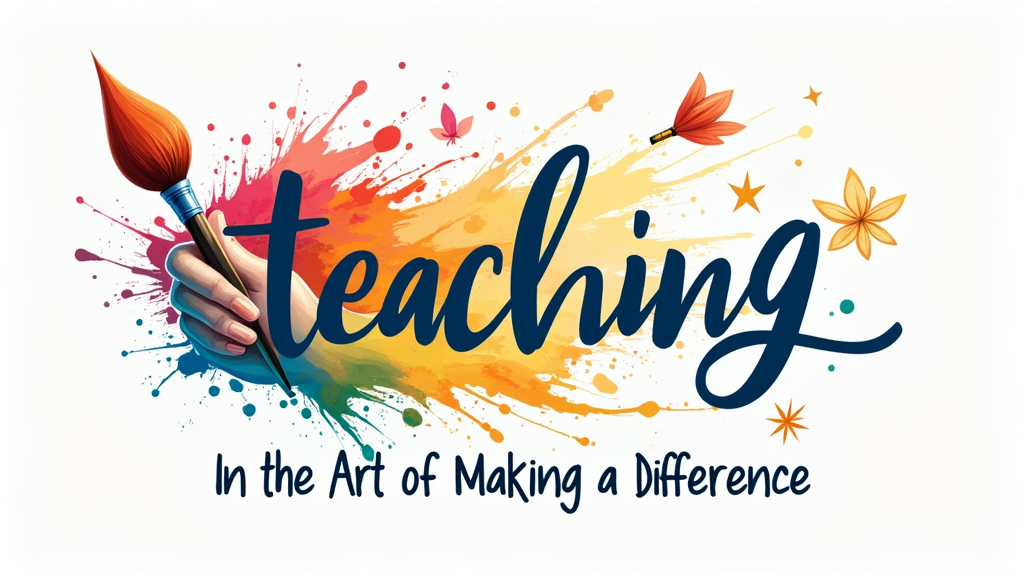 Design 1: The 'Artistic Touch'. A stylized hand (representing the teacher) holding a paintbrush. The colorful paint stroke unfurls to reveal symbols of student growth and success (e.g., a budding flower, a shining star, an open book). The text 'Teaching: The Art of Making a Difference' is elegantly integrated, perhaps forming the handle of the brush or flowing with the paint.