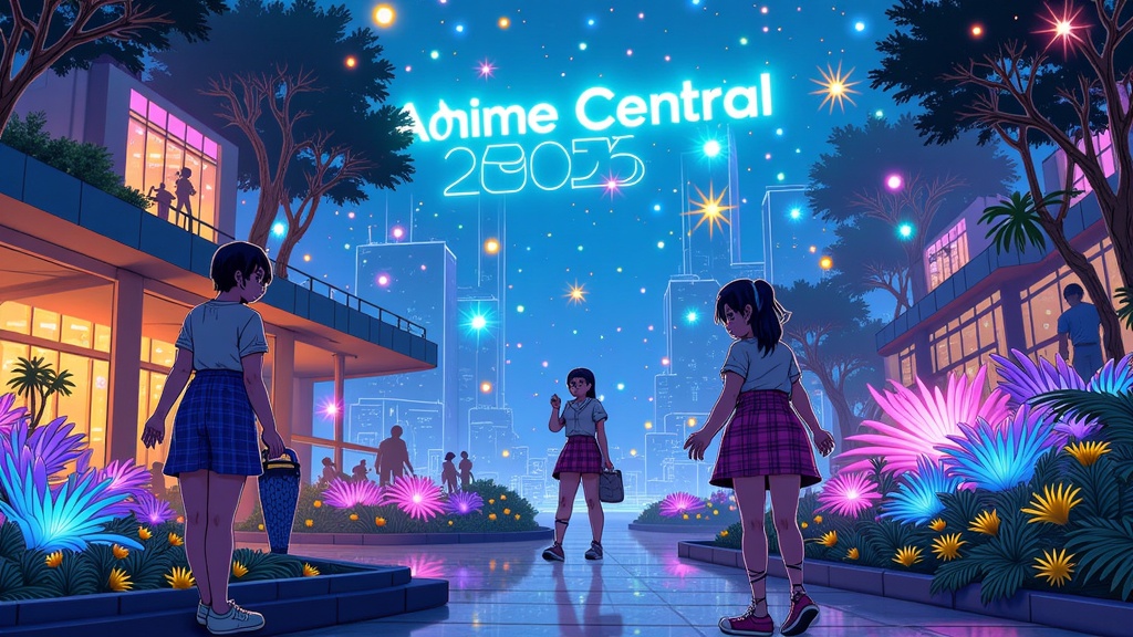 Symbiotic Future: A visually stunning scene showing a harmonious blend of advanced technology and revitalized nature. Think characters with bio-cybernetic enhancements, bioluminescent flora integrated with tech, and sleek architecture coexisting with lush, new ecosystems. 'Anime Central 2025' could be organically woven into the scene, perhaps as glowing text on a bio-engineered structure.