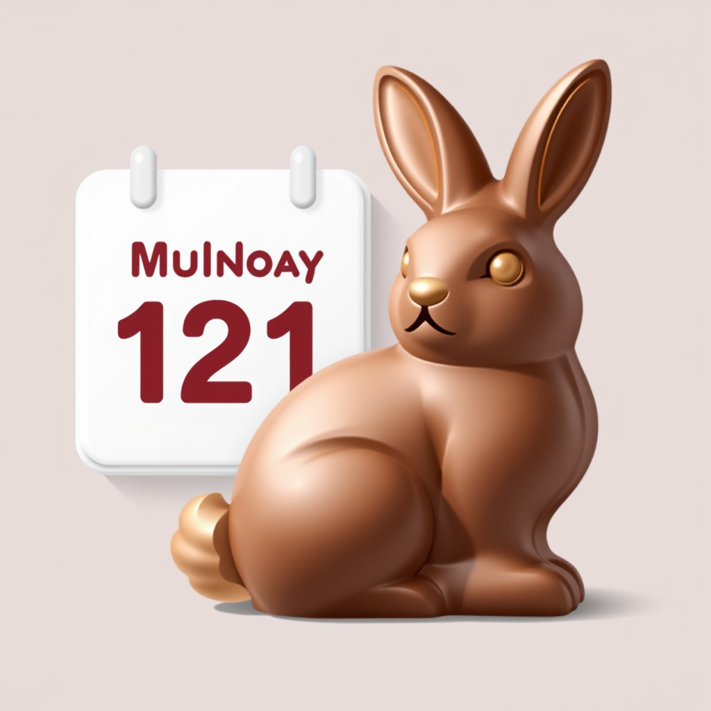 A partially unwrapped chocolate bunny with a calendar icon in the background set to Monday