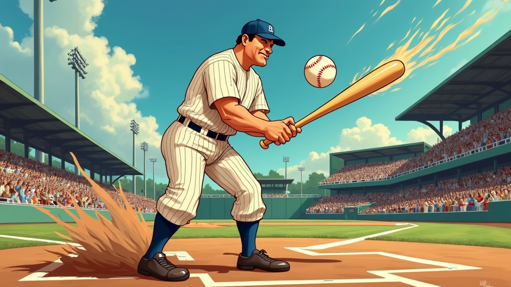 A dynamic cartoon illustration capturing Babe Ruth's legendary powerful swing, with playful exaggeration (e.g., swirling wind, a comically fast ball), contrasted by his gentle, amused facial expression that highlights his 'gentle giant' nature.