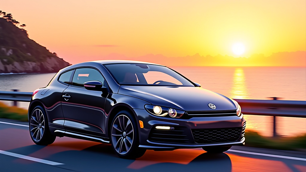  a black Volkswagen Scirocco sports car driving on a road near the ocean at sunset. The car is in motion, with the sun setting in the background, creating a beautiful orange and pink sky. The ocean is calm and the horizon is visible in the distance. On the left side of the image, there is a cliff with trees and shrubs. The sky is a mix of orange, pink, and yellow hues, indicating that the photo was taken at sunrise or sunset.