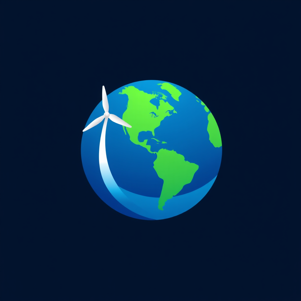 A simple logo featuring a stylized Earth with a wind turbine silhouette gracefully integrated into its curvature, or a subtle solar panel pattern on one of its landmasses, using a palette of blues and greens.
