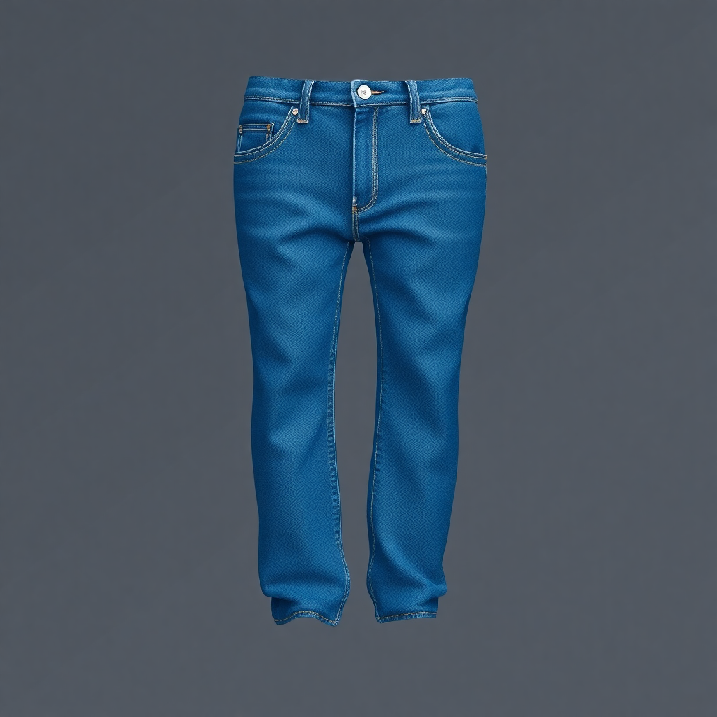  a pair of blue jeans. The jeans are a regular fit and have a straight leg fit. They are made of a denim-like fabric with a slightly faded wash. The waistband is adjustable with a silver buckle and there are two pockets on the front. The back of the jeans has a button and zipper closure. The legs are slightly tapered and appear to be slightly flared at the bottom. The background is a plain grey color.