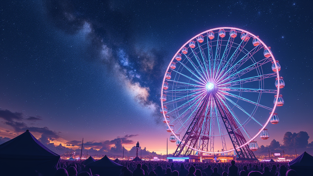 Cosmic Ferris Wheel Journey: The Ferris wheel depicted as a majestic centerpiece under a vast, cosmic sky filled with stars, nebulae, and subtle light beams, evoking a sense of a dream-like journey. 'Electric Daisy Carnival' text incorporated thoughtfully.