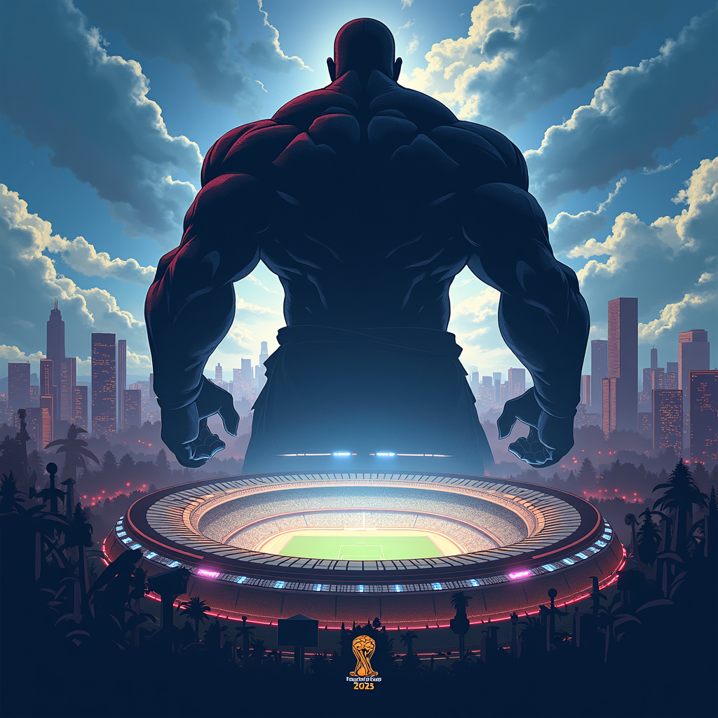 Titan Overlooking Stadium: Silhouette of a massive titan figure overlooking a stylized representation of the host city's stadium or a generic futuristic football arena. The text 'FIFA Club World Cup 2025' and 'Year of the Titans' could be subtly placed within the cityscape or sky.