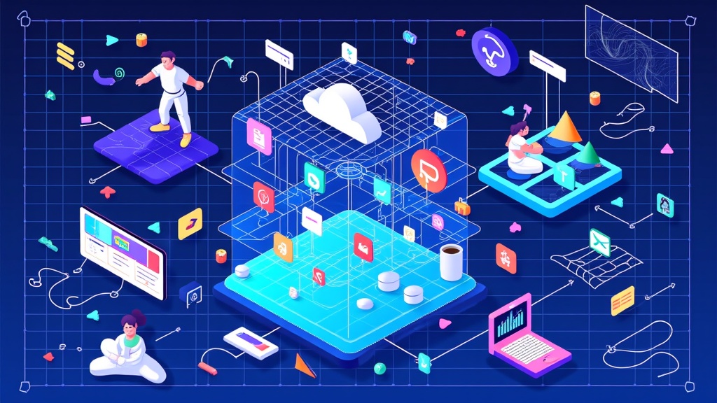 Depict a 'blueprint' or schematic style illustration. Show the foundational layers of MR/metaverse technology (cloud infrastructure, AI, spatial anchors) with illustrative icons, culminating in a user experiencing a rich, interactive digital world.