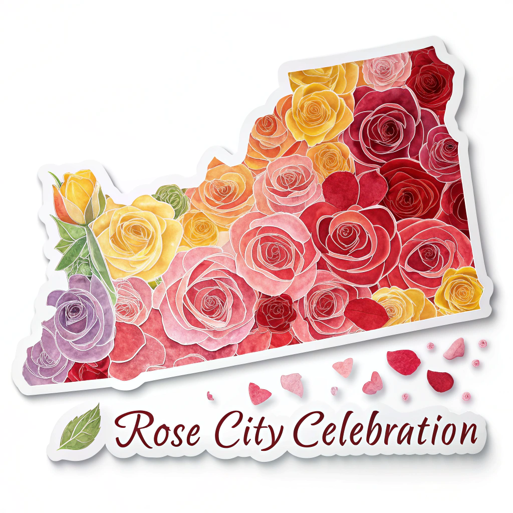 A vibrant cascade of multi-colored rose petals (pinks, reds, yellows) subtly forming the outline of the state of Oregon, with 'Rose City Celebration' text.