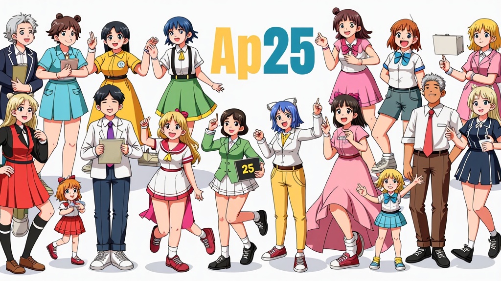 Fandom Unites Generations: An artwork showcasing diverse groups of fans – from veterans who attended early Anime Centrals to new attendees – sharing their passion, perhaps through cosplay or shared activities, with '25' insignias.