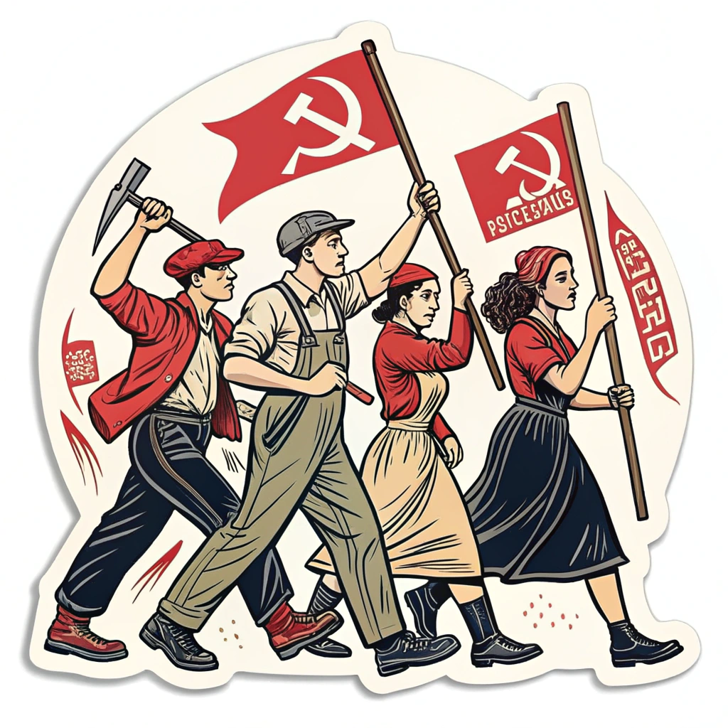 Sub Design Idea 2: Sticker adopting the style of early 20th-century socialist realist posters, depicting diverse workers (men and women) marching with tools or historical union banners, using a limited palette (red, black, cream).