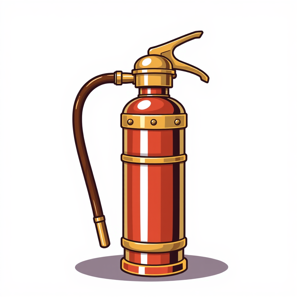 A vintage-style fire extinguisher cartoon icon, with brass accents and a classic design.