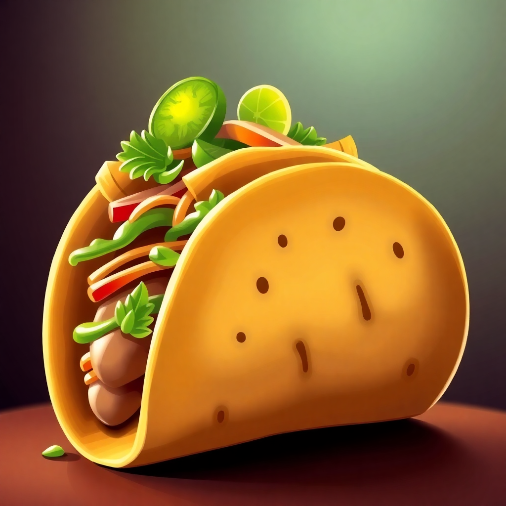 The image is a digital illustration of a taco. The taco is yellow in color and has a round shape with small holes on the sides. It is filled with various ingredients such as lettuce, tomato, cheese, and other vegetables. There are also two lime wedges on top of the ingredients. The background is a dark green color, and the taco is placed on a wooden surface. The overall style of the illustration is cartoon-like.