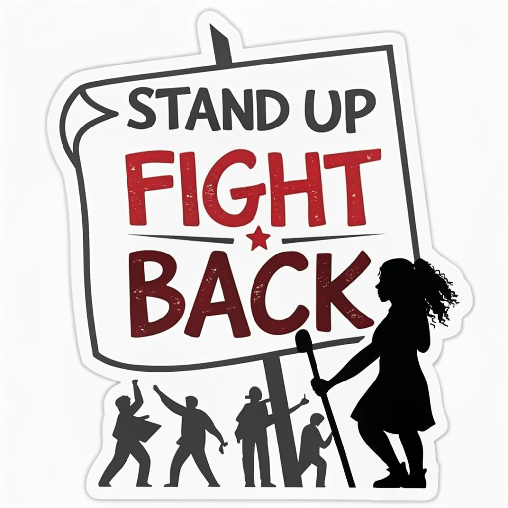 Original text (English): May Day Protest Stickers - Protest Sign Silhouette 'Stand Up, Fight Back' May Day Sticker