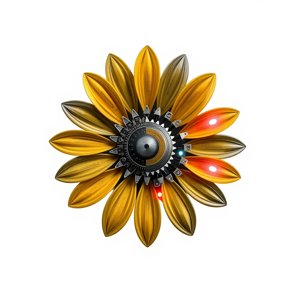 A hybrid daisy, split stylistically: one half organic and natural, the other metallic with visible gears and LED accents, emphasizing the techno-organic fusion.