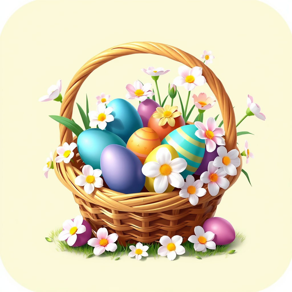 An icon featuring a basket overflowing with colorful Easter eggs and spring blossoms, symbolizing the festive holiday.