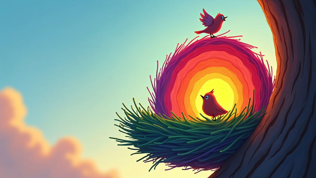 A bird's eye view of a rainbow-colored nest with a tiny bird silhouette perched on the edge, creating a circular design with radial rainbow colors.