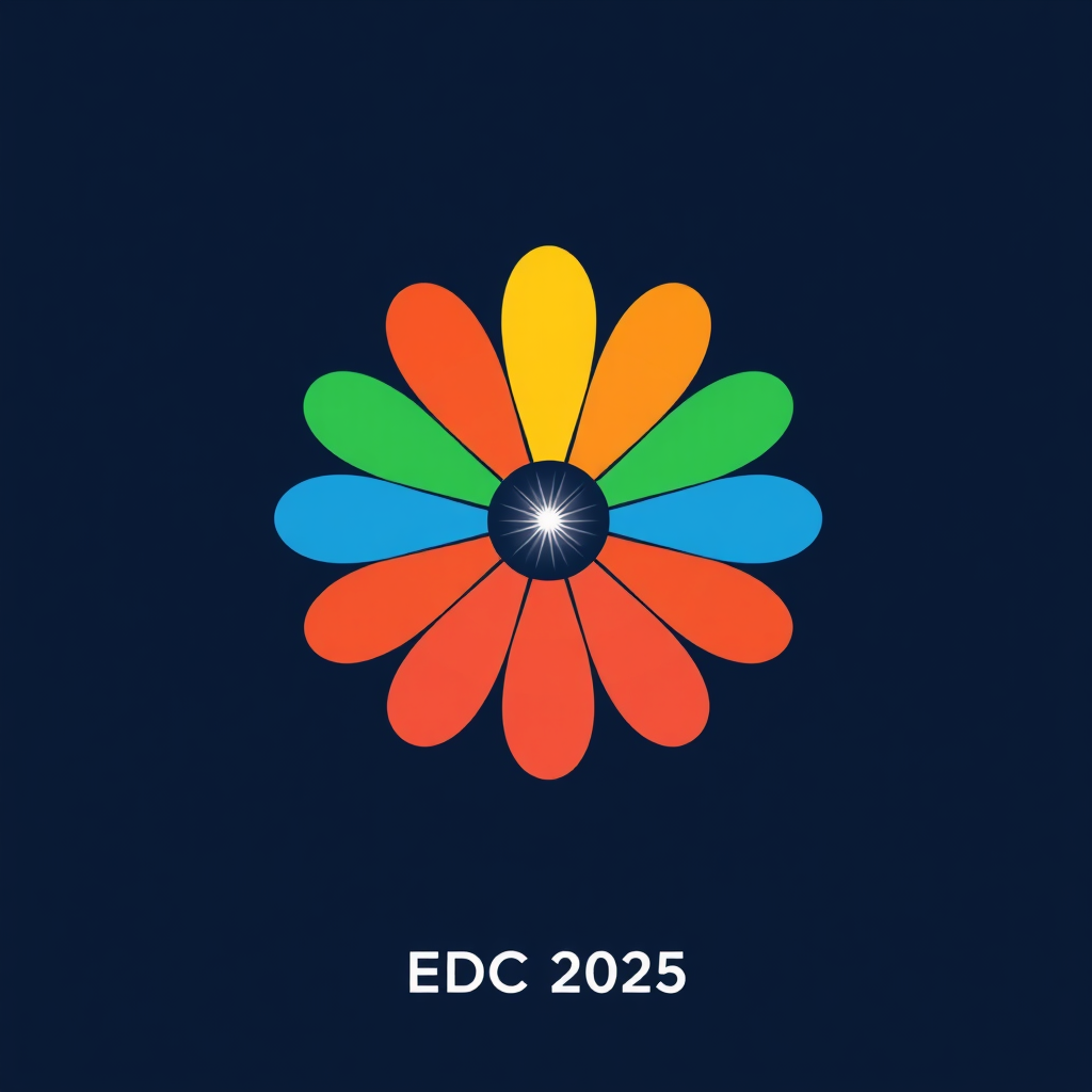 Simple Logo Idea: A classic daisy silhouette where each petal is a solid band of a distinct spectrum color (red, orange, yellow, green, blue, indigo, violet). A small, bright light flare 'pulses' at its center. 'EDC 2025' in clean, bold typography underneath.
