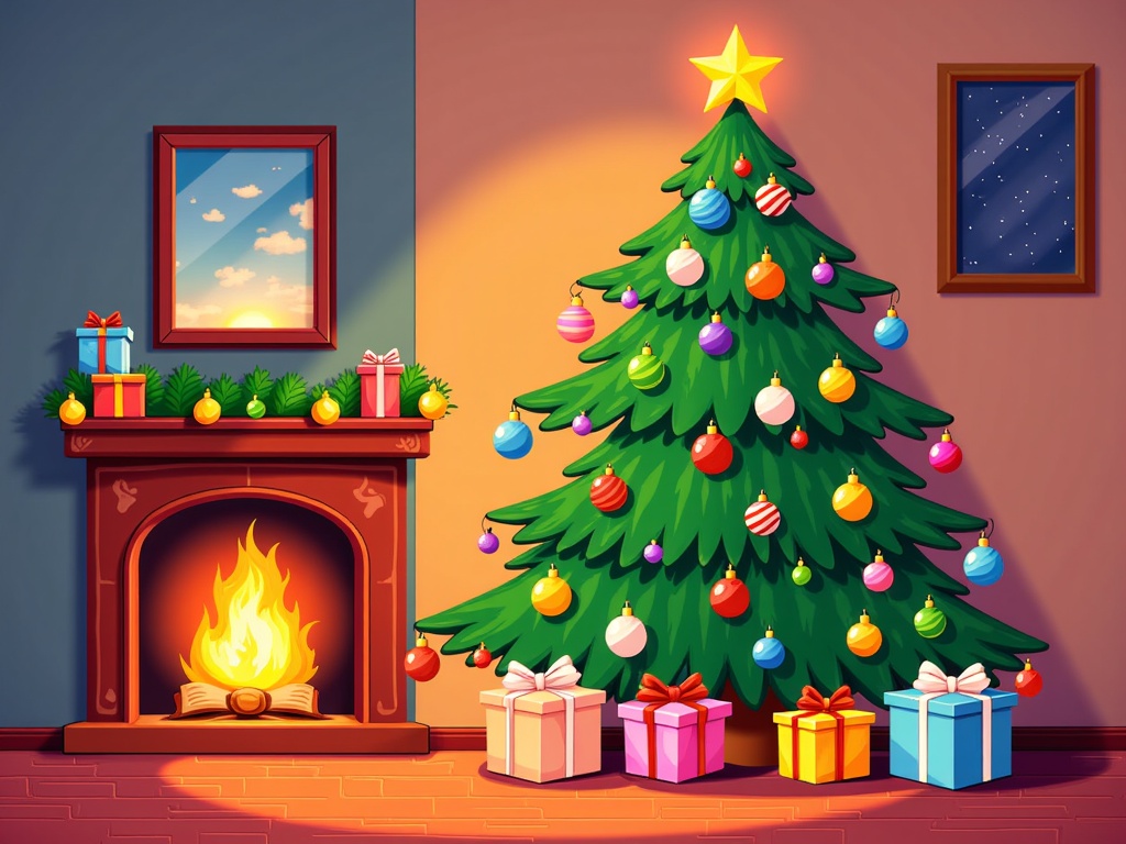 The image shows a living room with a Christmas tree decorated with colorful balls, stars, and other festive items, surrounded by gift boxes and a fireplace. On the wall behind the tree, there are photo frames adding to the festive atmosphere.