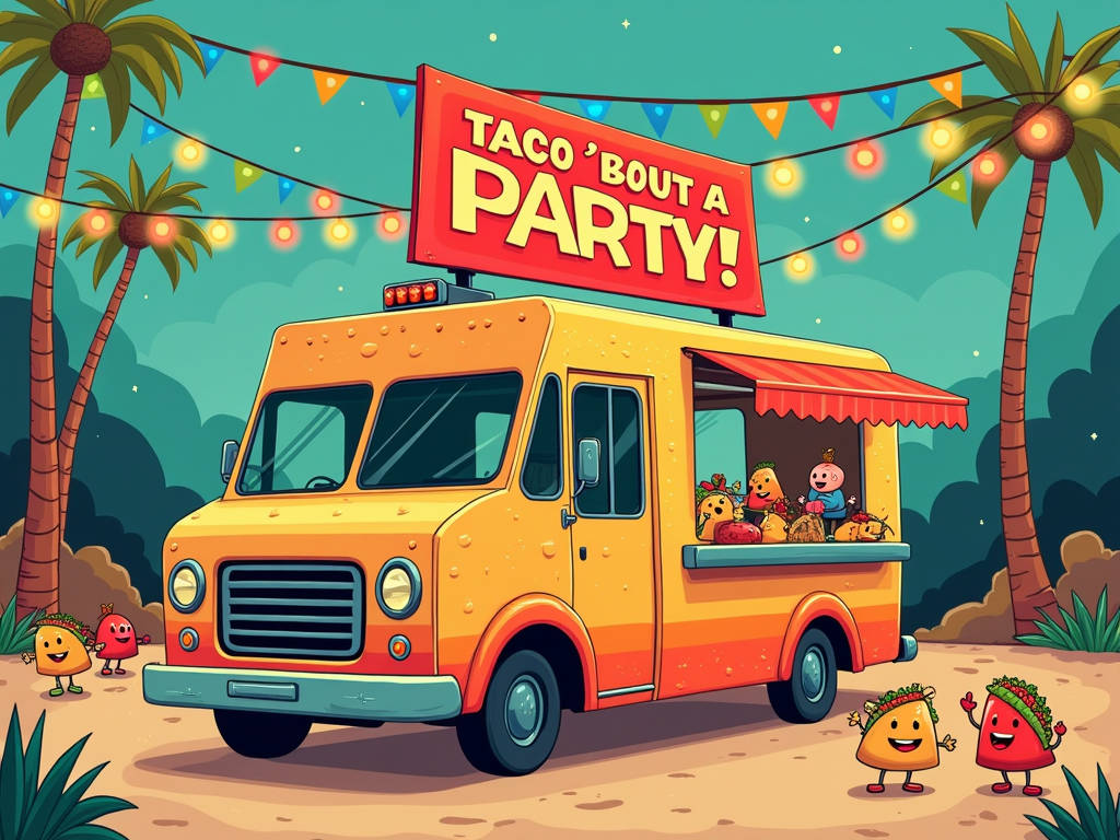 A retro-style illustration of a cheerful 'Taco 'Bout a Party!' food truck adorned with papel picado and string lights. Miniature tacos and people (or personified food items) are shown celebrating nearby.