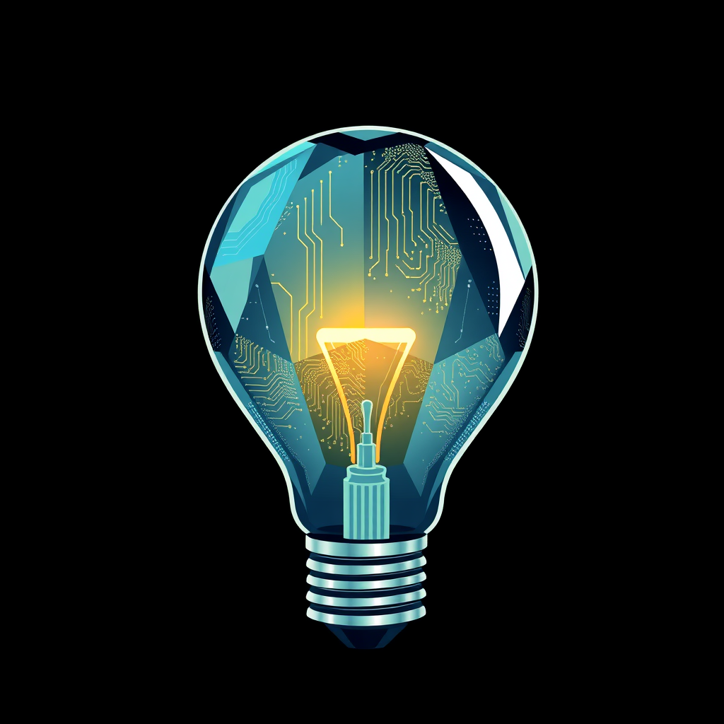 Segmented Glass Lightbulb with Diverse Circuit Textures: The lightbulb's 'glass' is depicted as being composed of multiple geometric segments, each featuring a unique, intricate circuit pattern or a slightly different opacity/glow, symbolizing diverse algorithmic outputs.