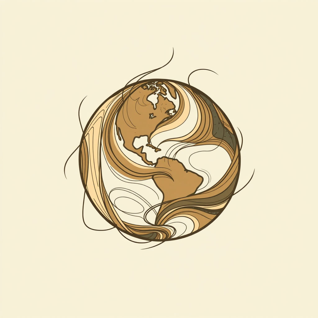 An abstract representation of the planet using dynamic, flowing organic lines in earthy tones, suggesting interconnectedness and natural movement with a hand-drawn aesthetic.
